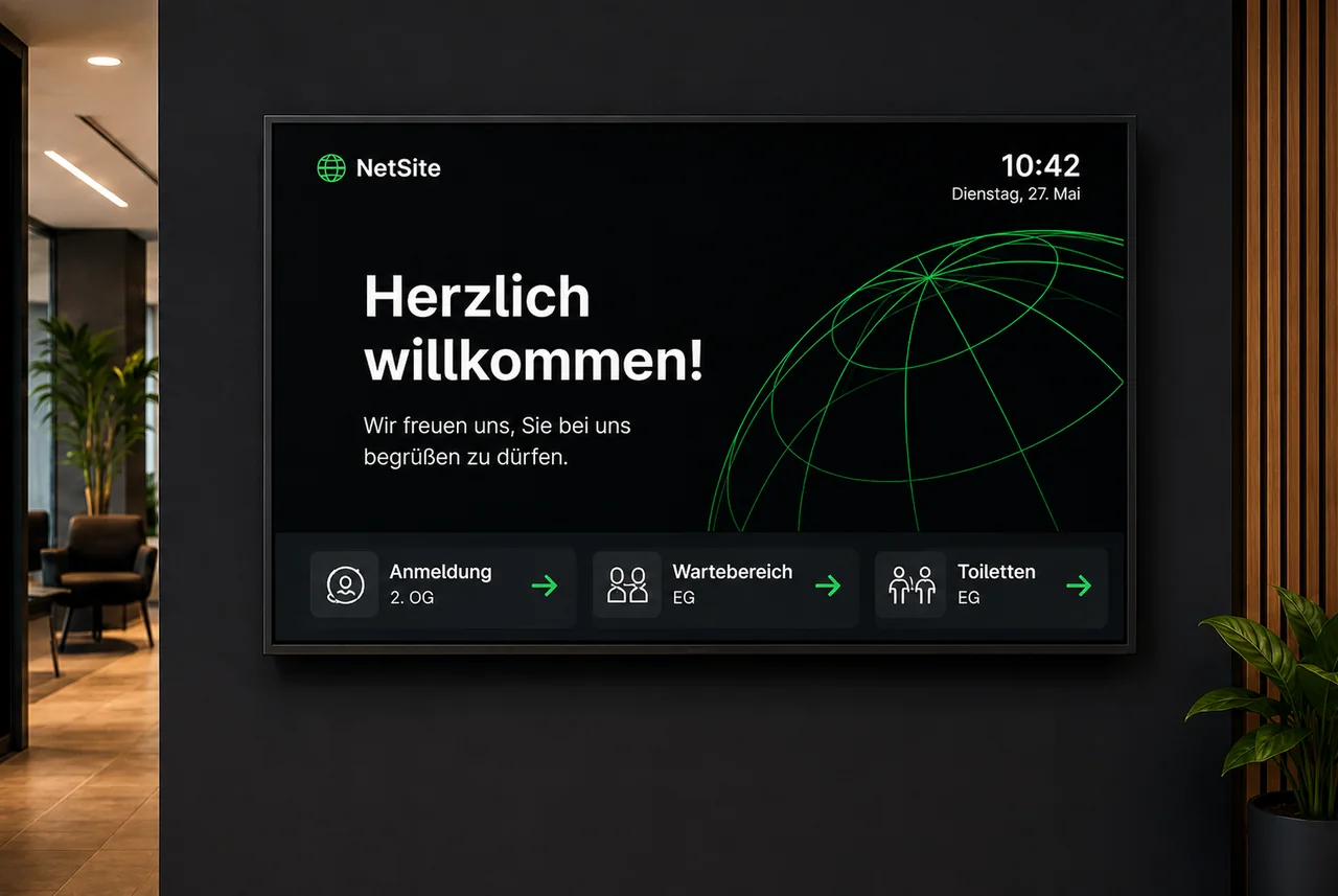 NetSite Digital Signage Begrüßungsdisplay in einem modernen Empfangsbereich
